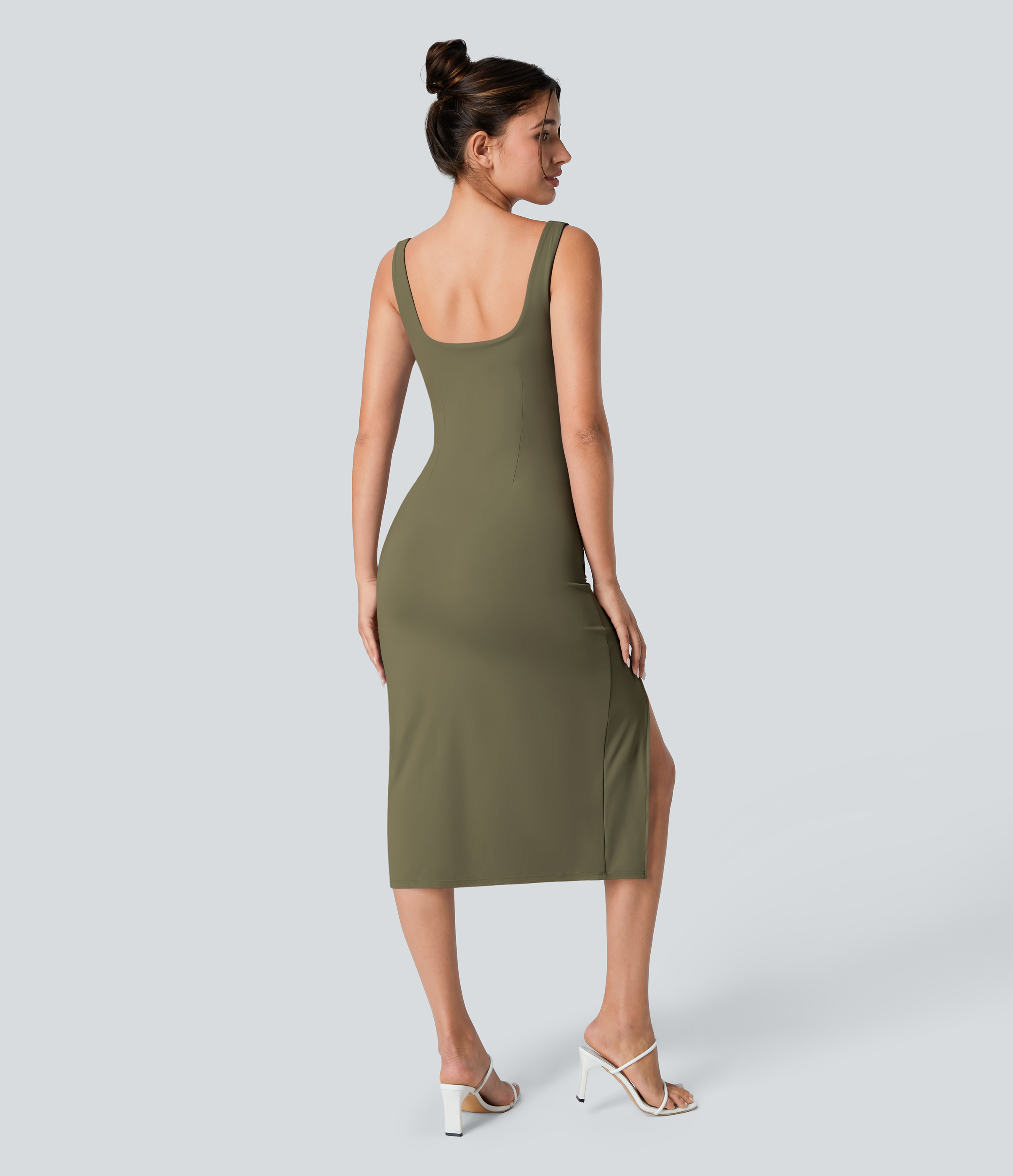 Airy Square Neck Backless Corset Ruched Split Bodycon Midi Cool Touch Bridesmaid and Wedding Guest Dress