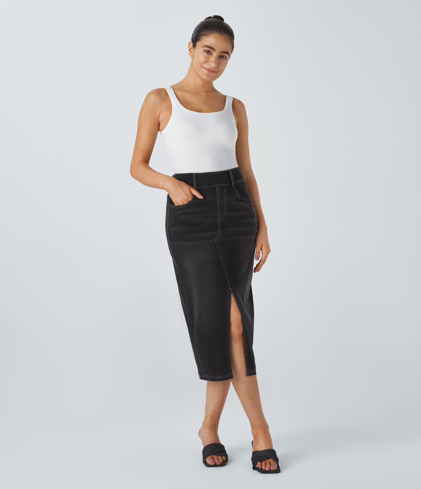 High Waisted Pockets Bodycon Washed Denim Casual Midi Skirt