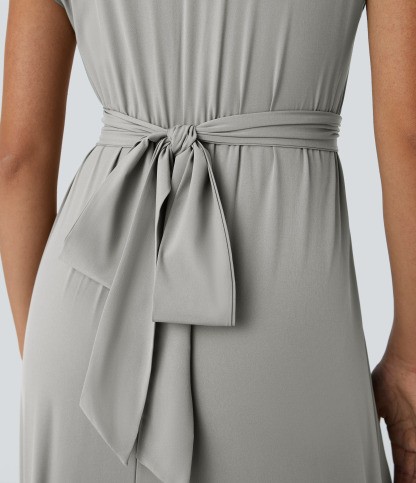 V Neck Short Sleeve Pocket Tie Back Quick Dry Midi Casual Dress-Longer Length