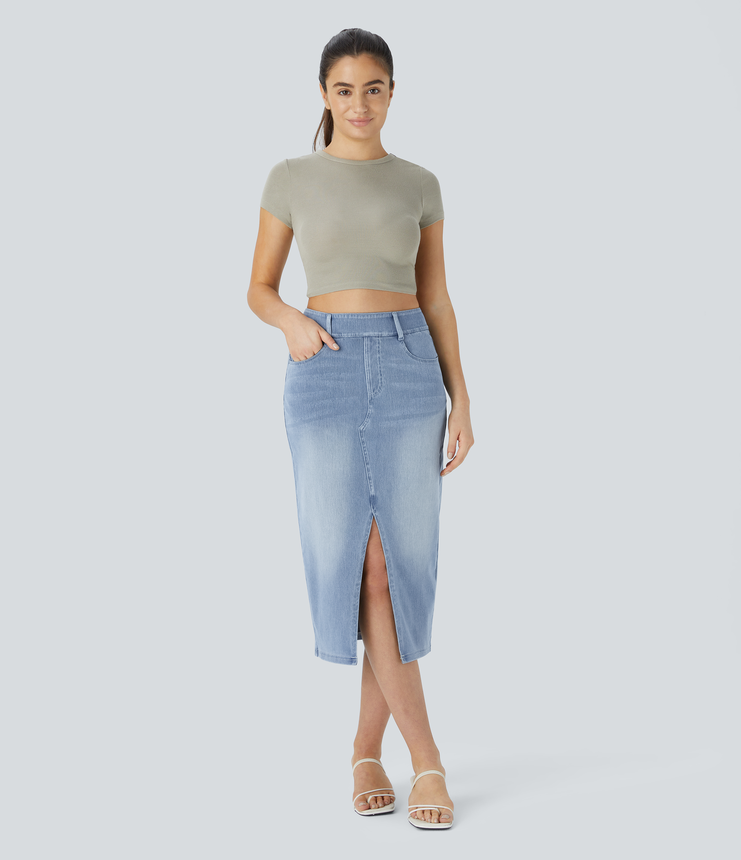 High Waisted Pockets Bodycon Washed Denim Casual Midi Skirt