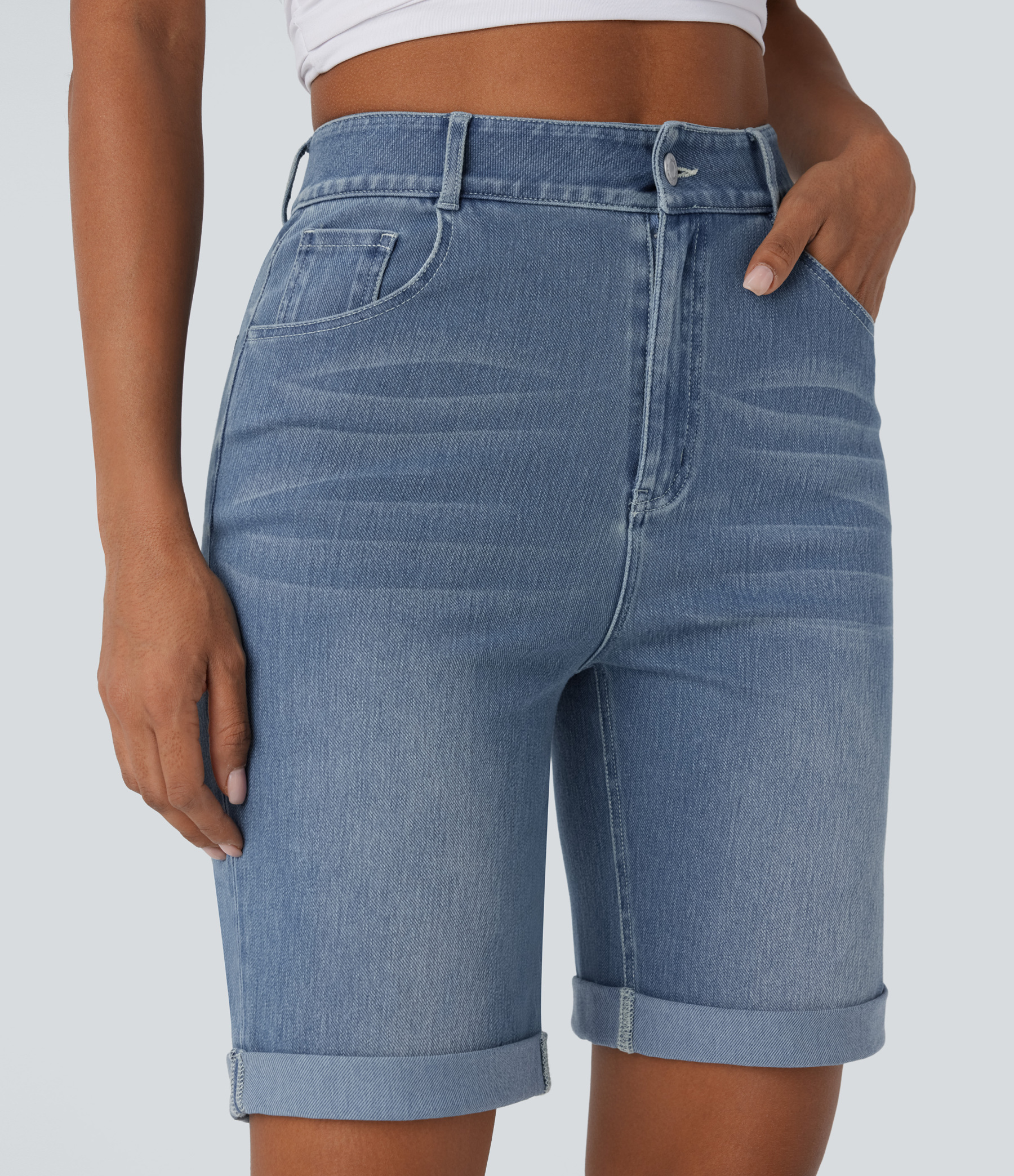 High Waisted Pockets Rolled Hem Washed Denim Casual Bermuda Shorts