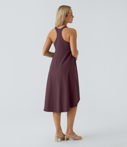 Backless Racerback Side Pocket High Low Flowy Midi Quick Dry Casual Dress
