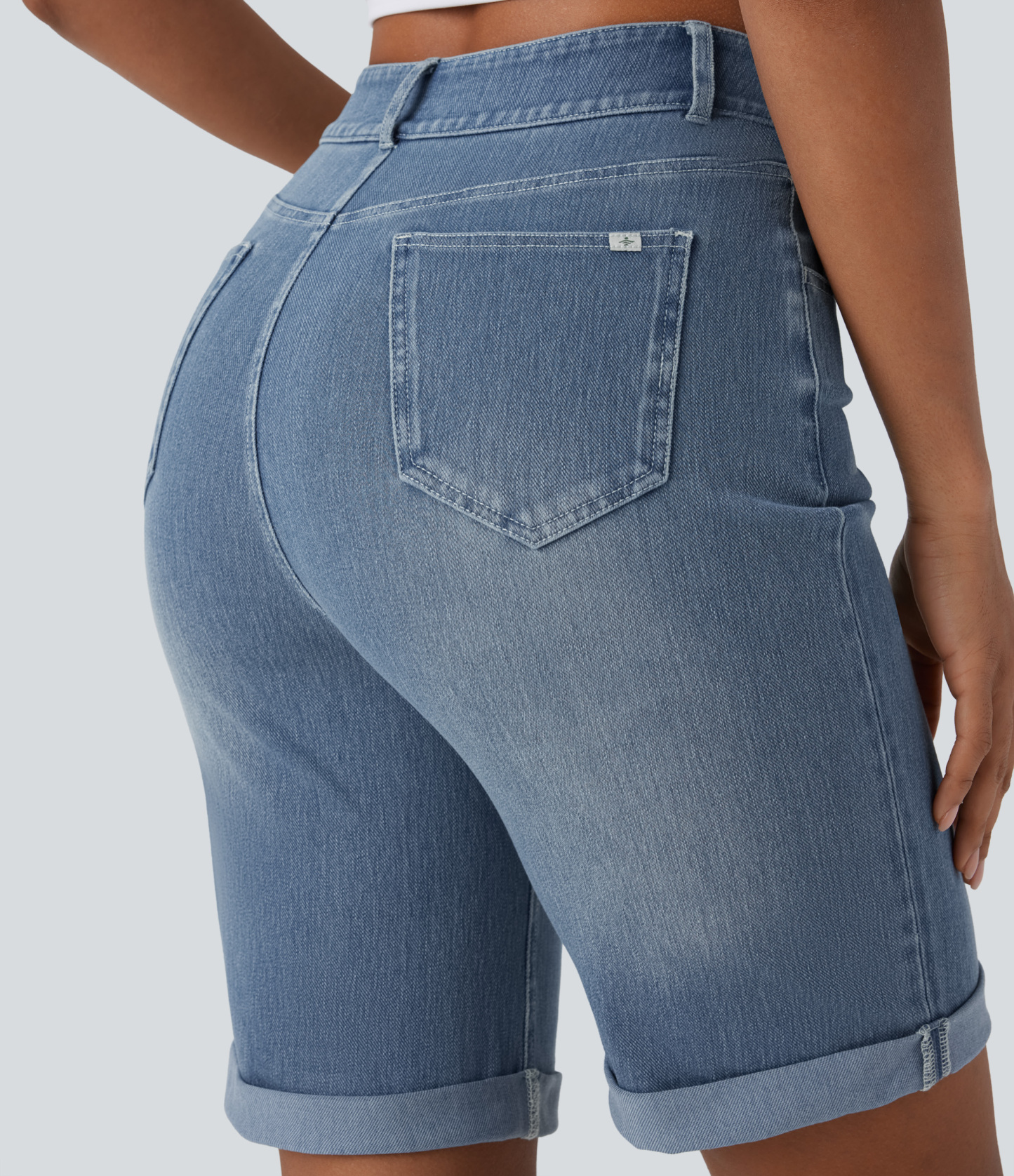 High Waisted Pockets Rolled Hem Washed Denim Casual Bermuda Shorts