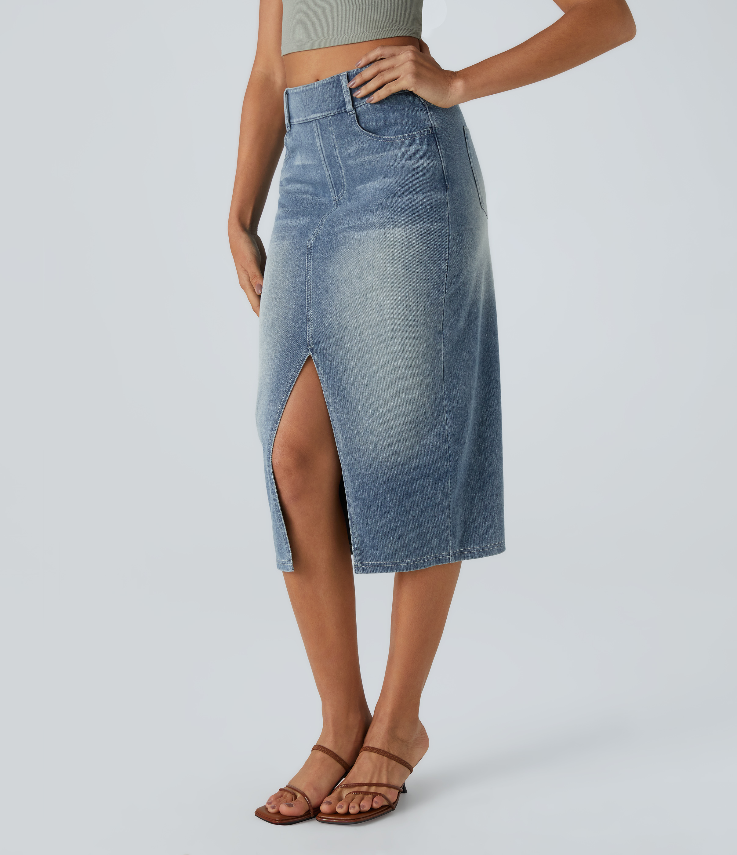 High Waisted Pockets Bodycon Washed Denim Casual Midi Skirt