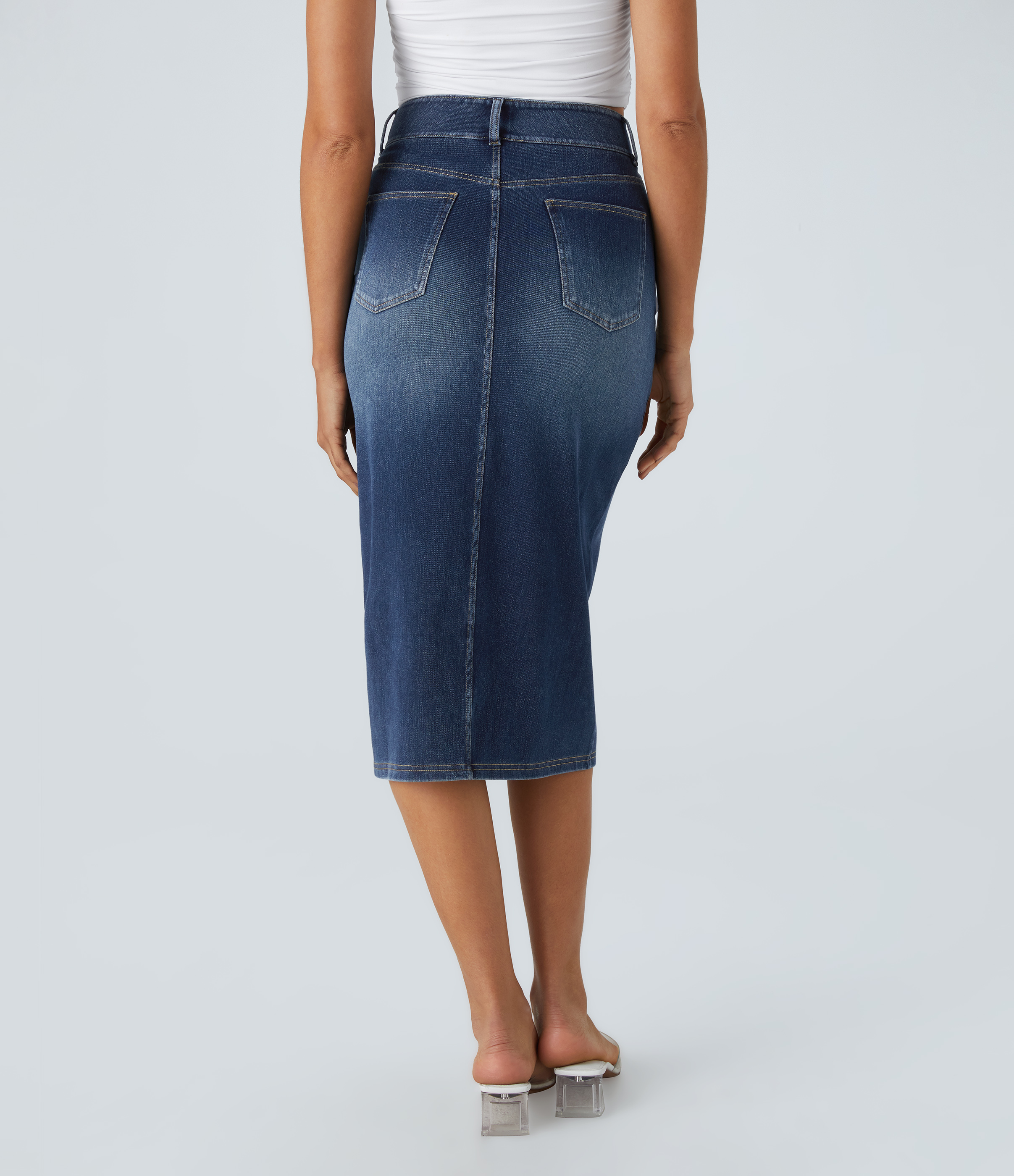 High Waisted Pockets Bodycon Washed Denim Casual Midi Skirt