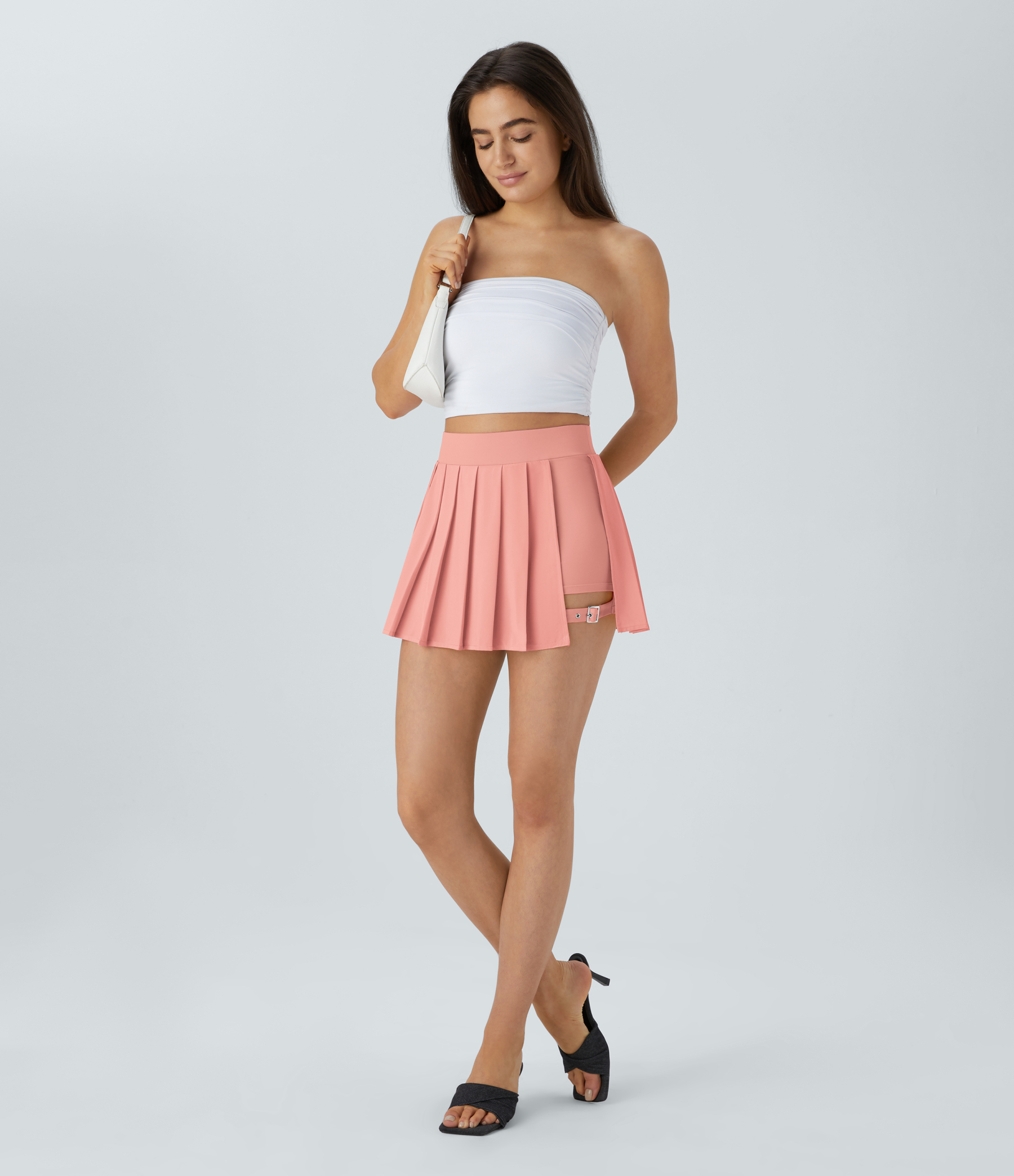 High Waisted Pleated 2-in-1 Pocket Adjustable Buckle Micro Mini Quick Dry Casual Skirt