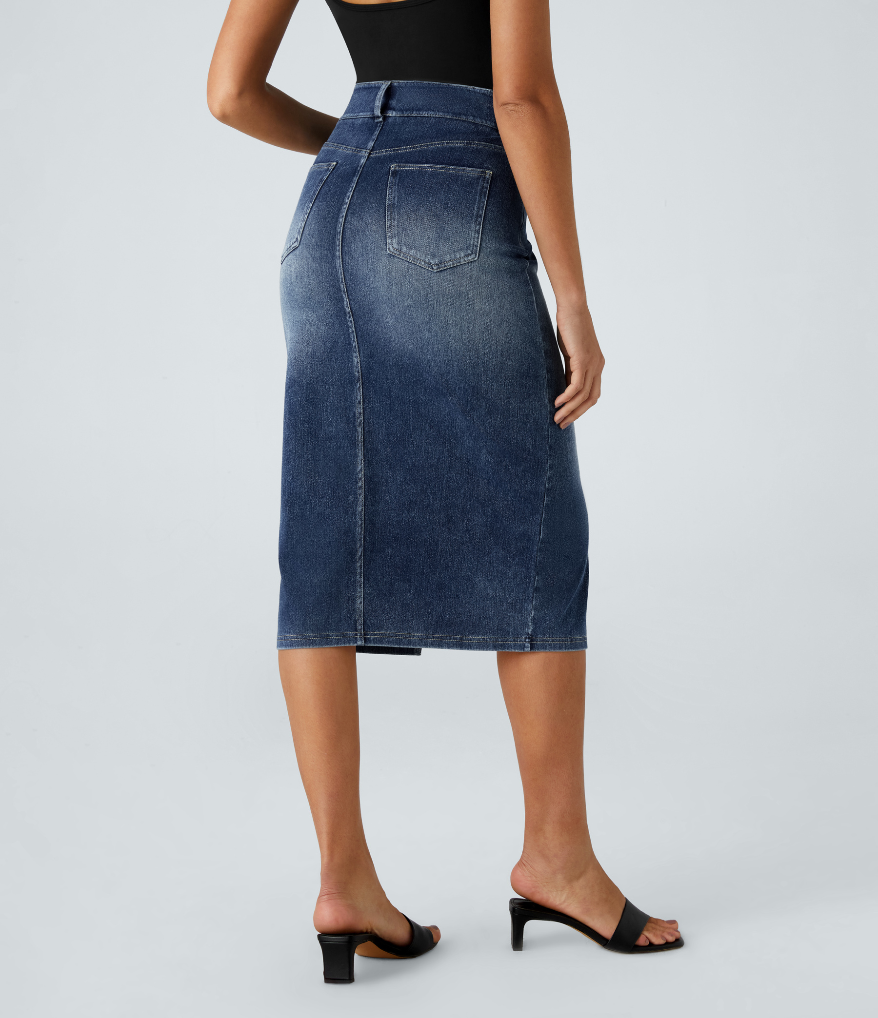 High Waisted Pockets Bodycon Washed Denim Casual Midi Skirt