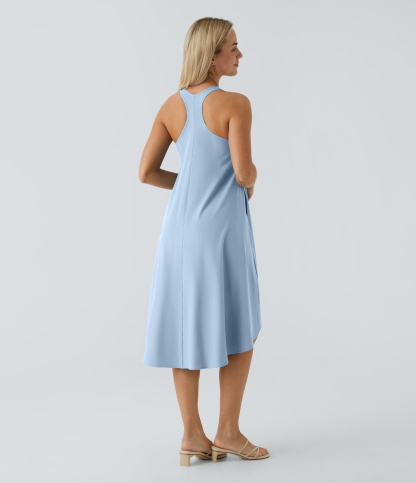 Backless Racerback Side Pocket High Low Flowy Midi Quick Dry Casual Dress