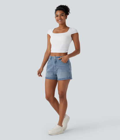 Mid Rise Zipper Pockets Denim Casual Shorts 3''