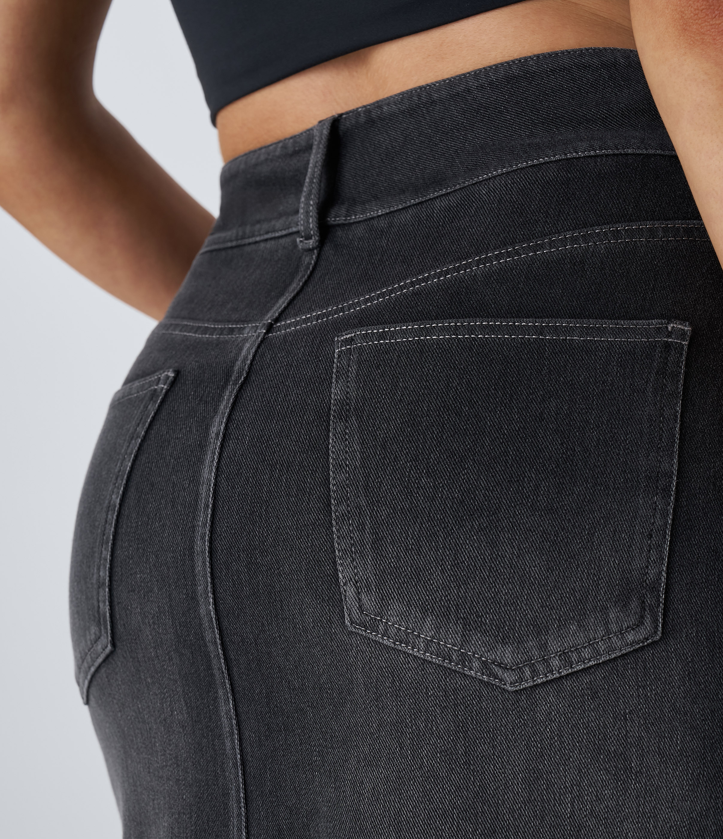 High Waisted Pockets Bodycon Washed Denim Casual Midi Skirt