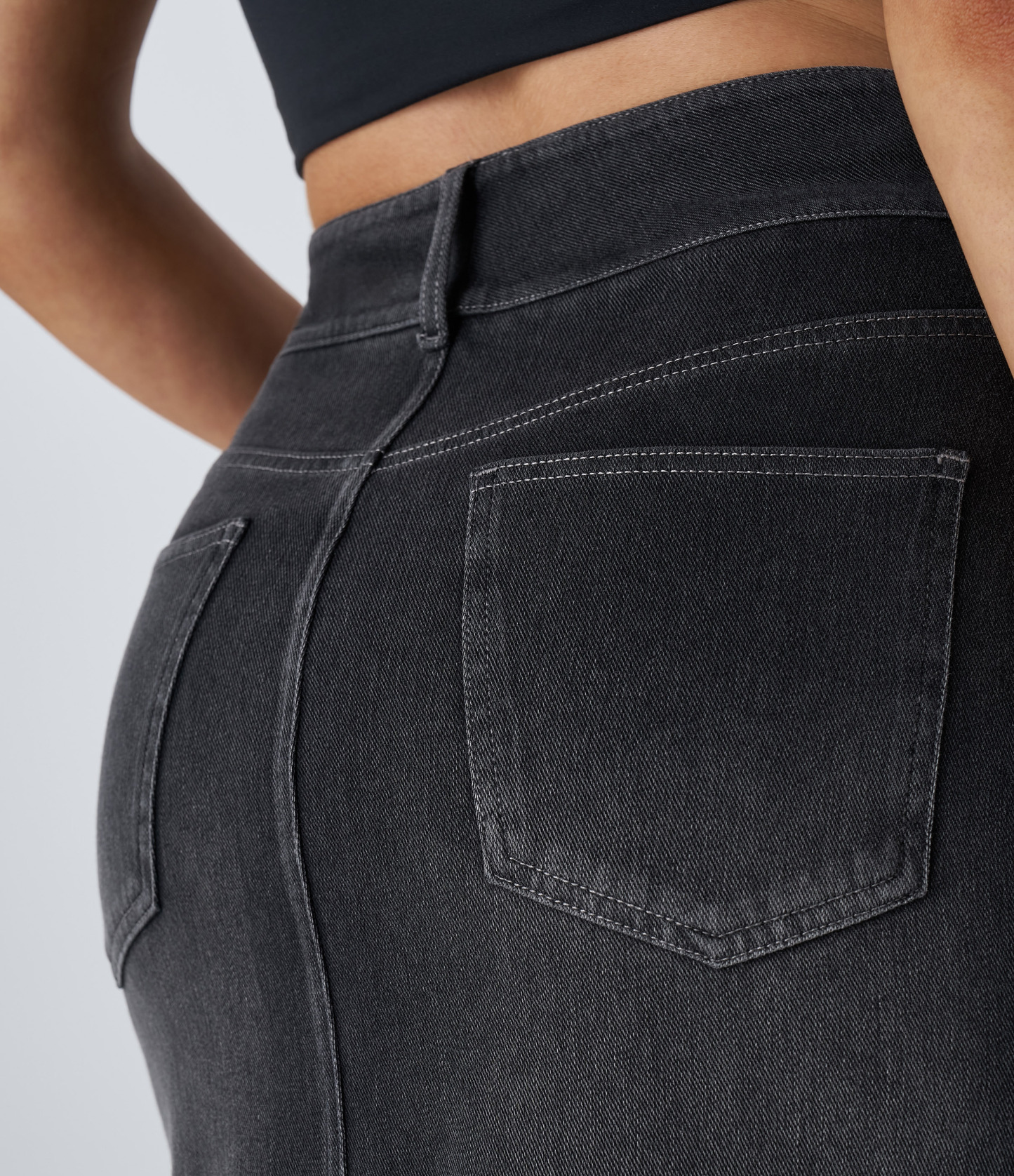 High Waisted Pockets Bodycon Washed Denim Casual Midi Skirt