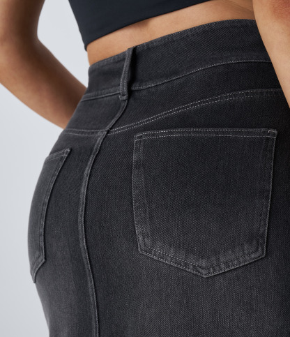 High Waisted Pockets Bodycon Washed Denim Casual Midi Skirt