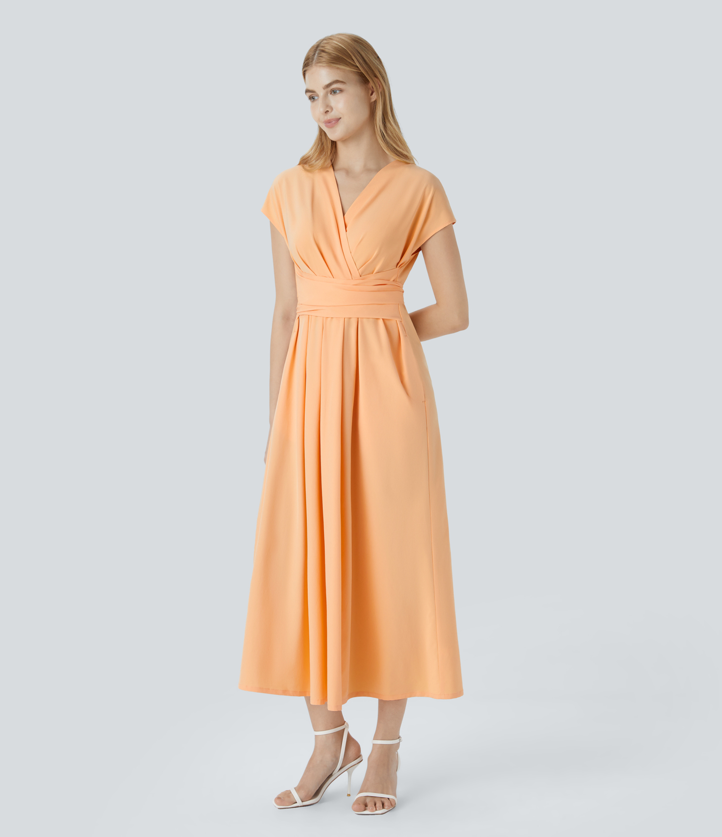 V Neck Short Sleeve Pocket Tie Back Quick Dry Midi Casual Dress-Longer Length