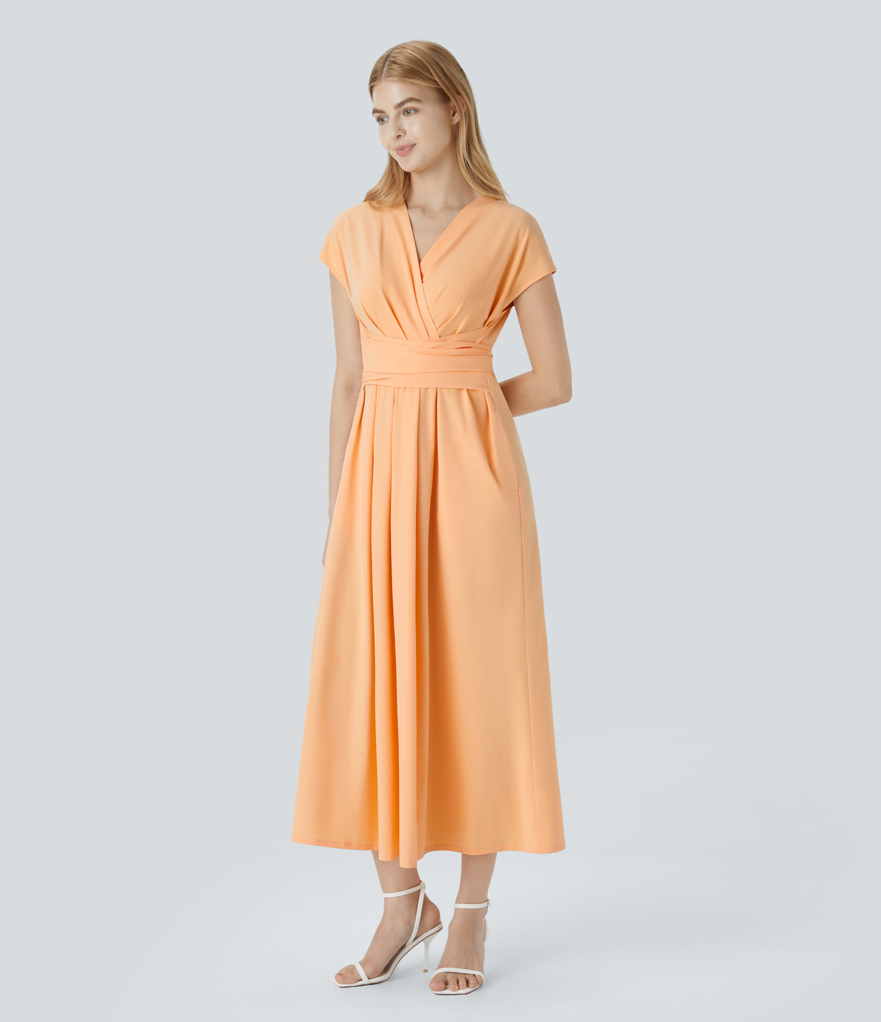 V Neck Short Sleeve Pocket Tie Back Quick Dry Midi Casual Dress-Longer Length