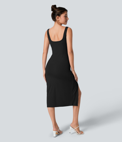 Airy Square Neck Backless Corset Ruched Split Bodycon Midi Cool Touch Bridesmaid and Wedding Guest Dress