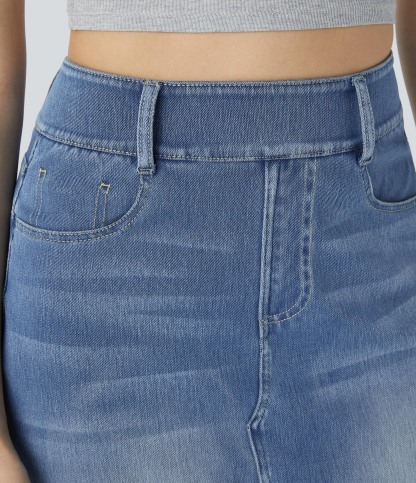 High Waisted Pockets Bodycon Washed Denim Casual Midi Skirt