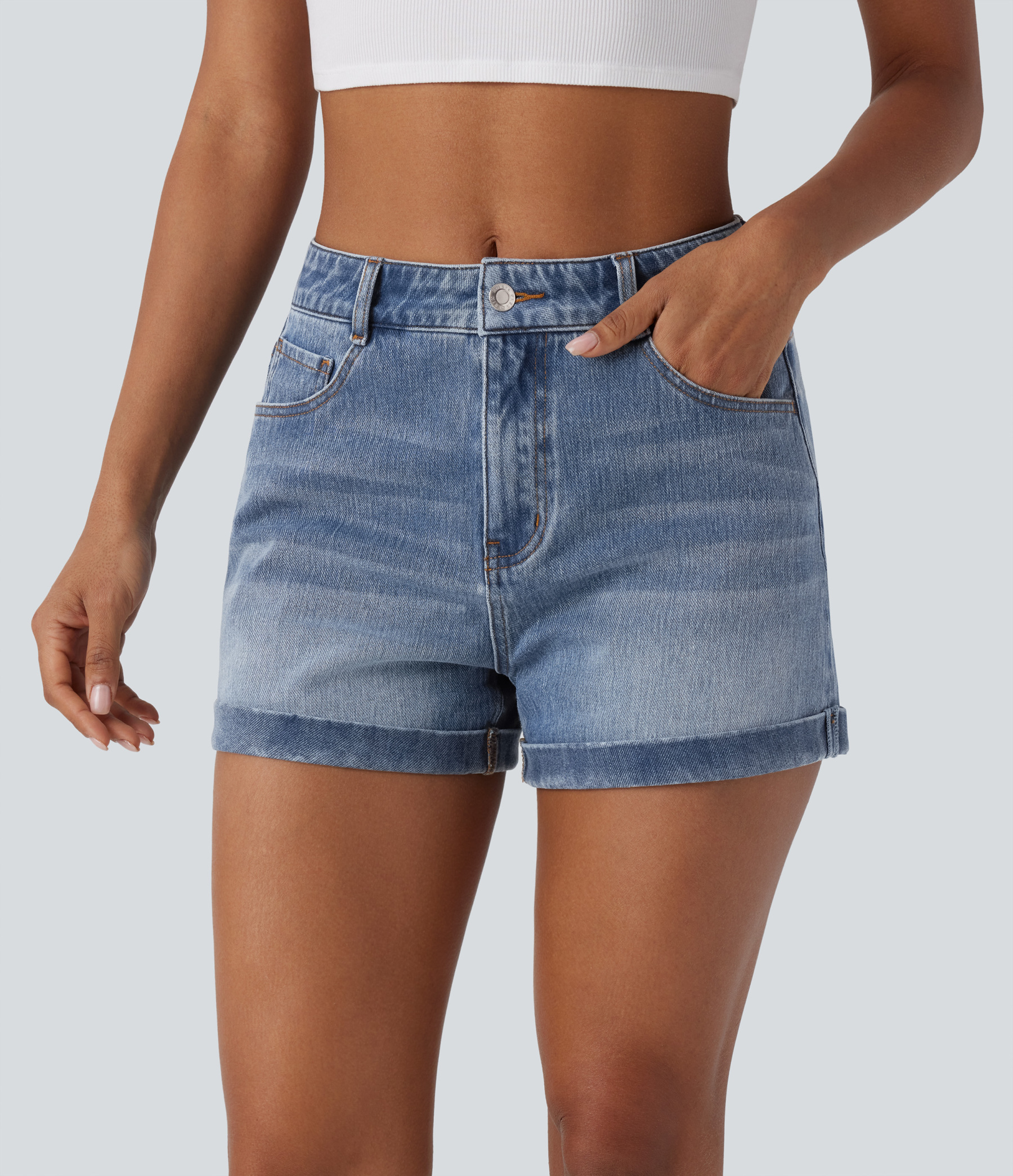 Mid Rise Zipper Pockets Denim Casual Shorts 3''