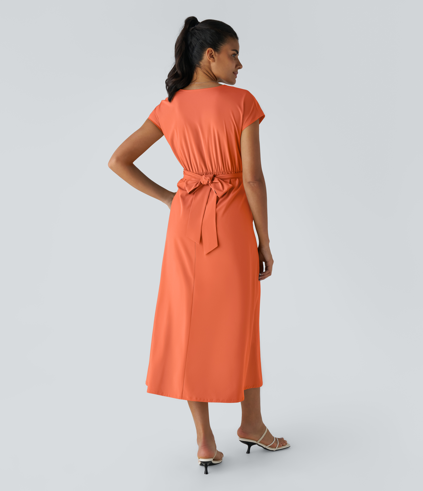 V Neck Short Sleeve Pocket Tie Back Quick Dry Midi Casual Dress-Longer Length