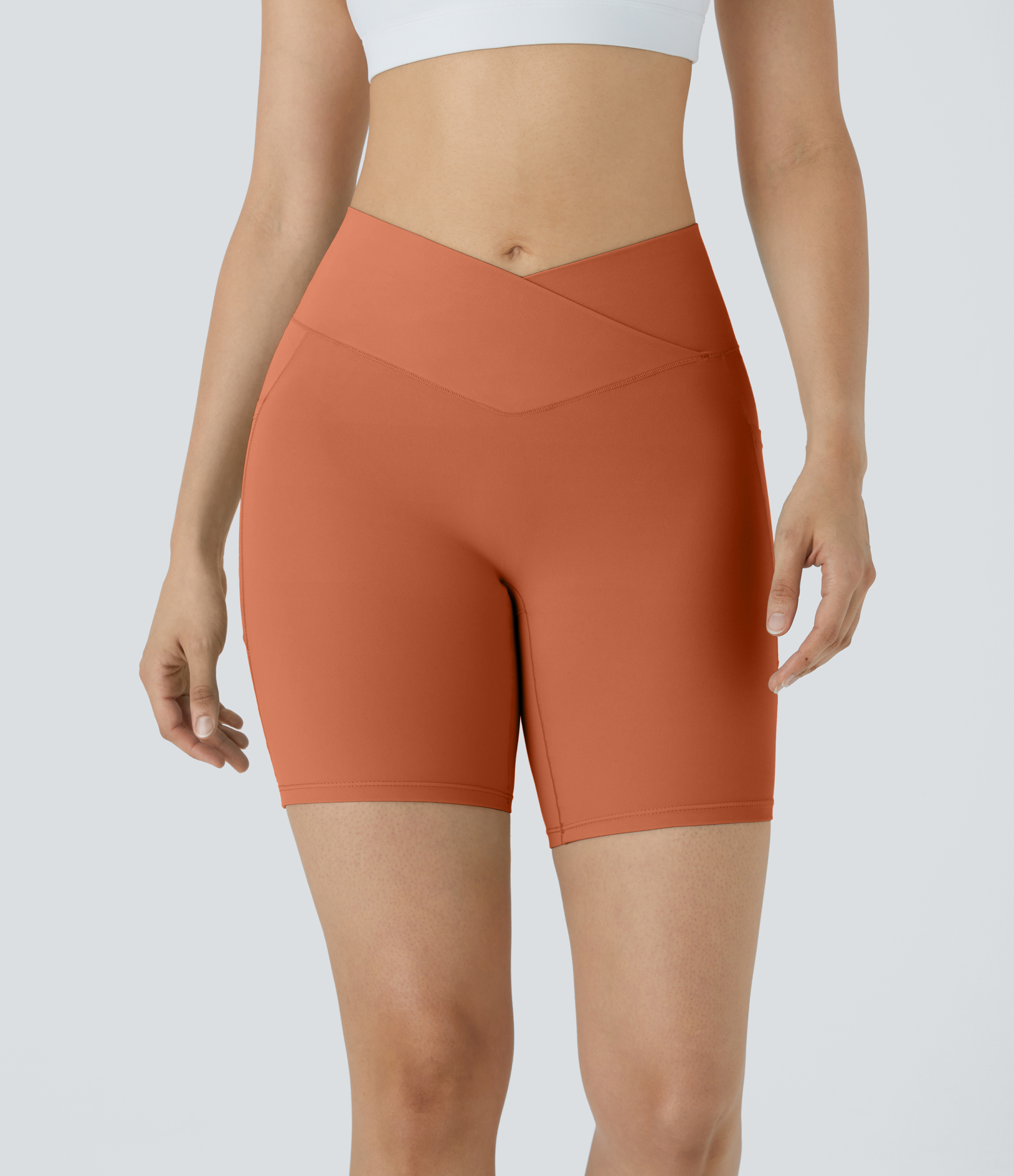 High Waisted Crossover Pocket Yoga Biker Shorts 7"-UPF50+