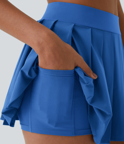 High Waisted Pleated 2-in-1 Pocket Adjustable Buckle Micro Mini Quick Dry Casual Skirt