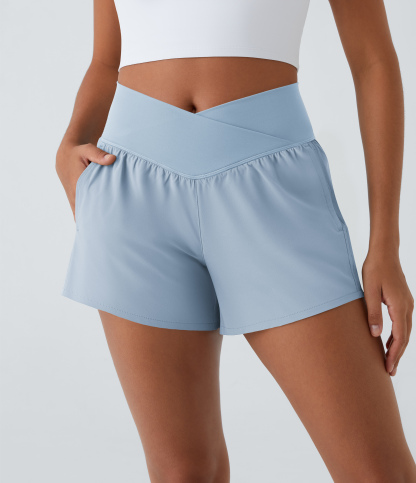High Waisted Crossover Pocket 2-in-1 Quick Dry Yoga Shorts 4"