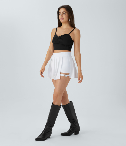 High Waisted Pleated 2-in-1 Pocket Adjustable Buckle Micro Mini Quick Dry Casual Skirt