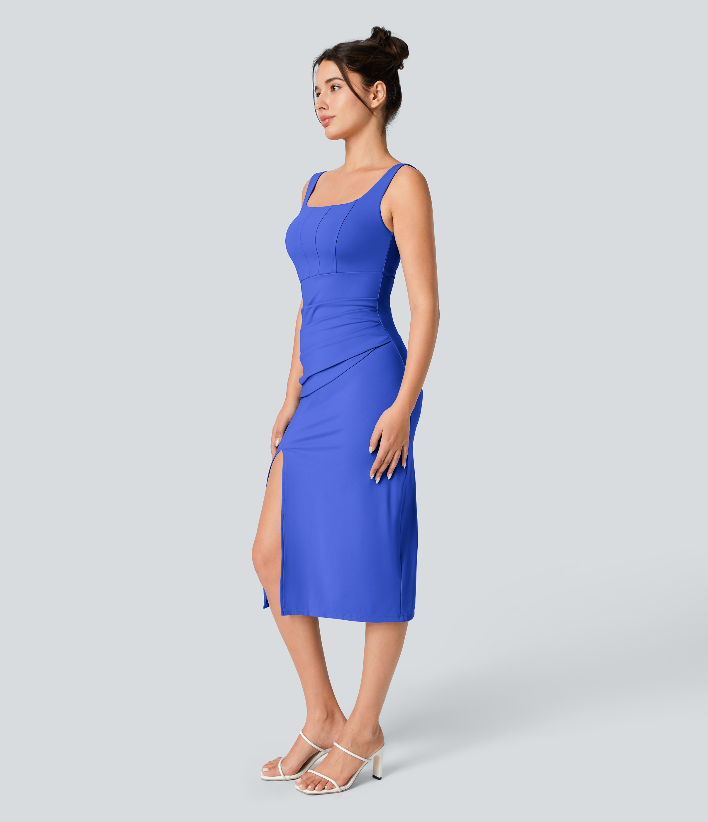 Airy Square Neck Backless Corset Ruched Split Bodycon Midi Cool Touch Bridesmaid and Wedding Guest Dress