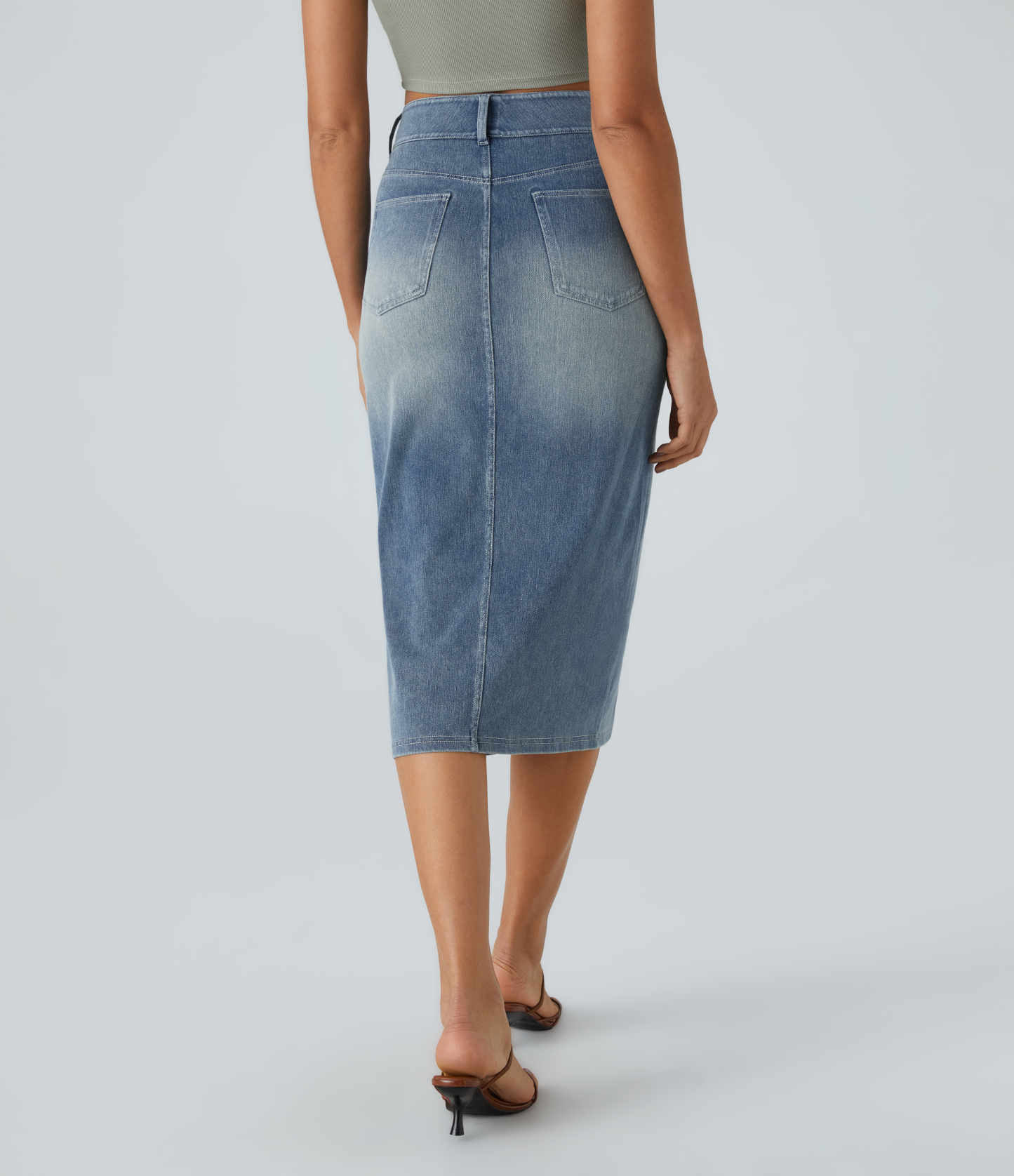 High Waisted Pockets Bodycon Washed Denim Casual Midi Skirt
