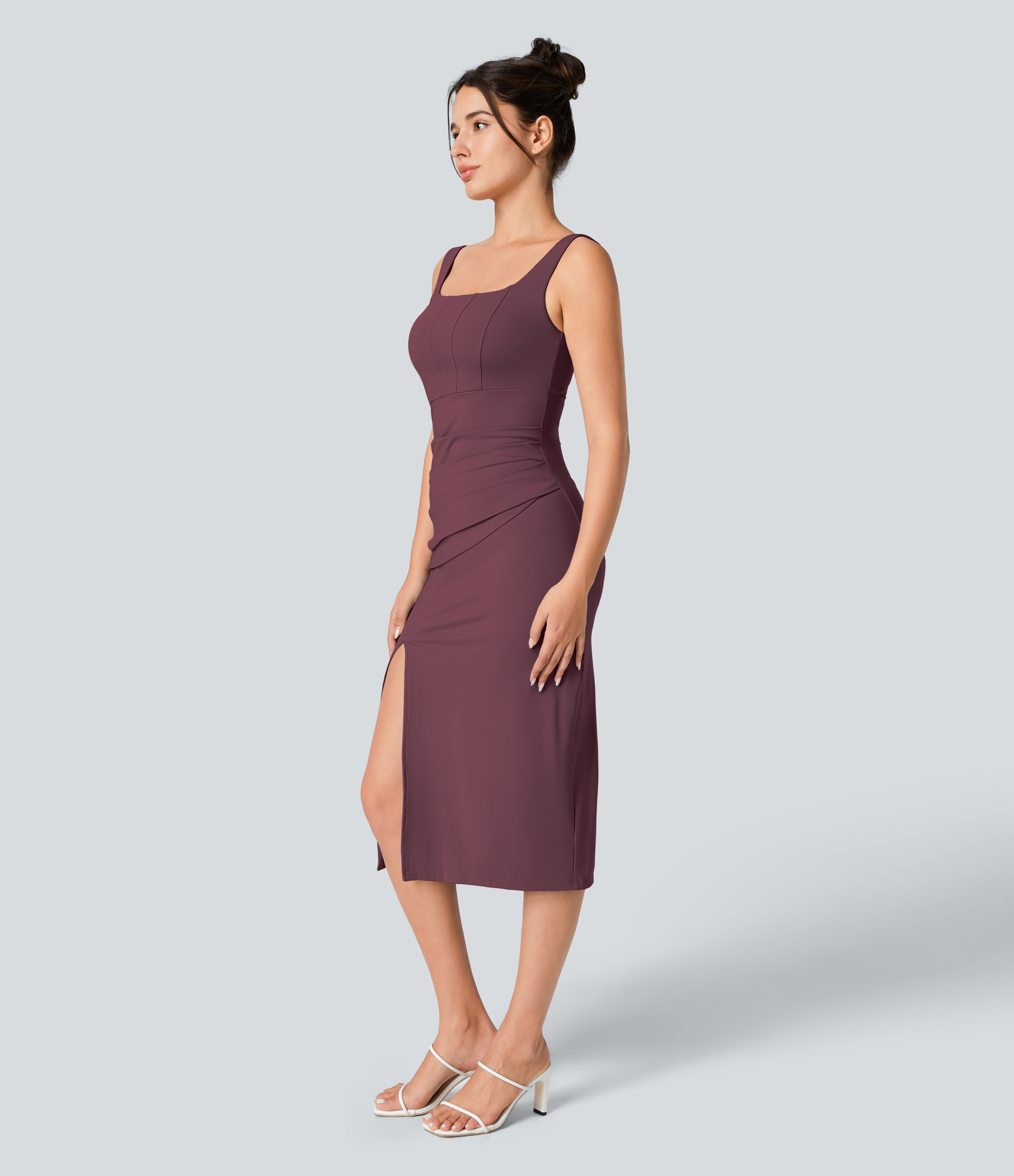 Airy Square Neck Backless Corset Ruched Split Bodycon Midi Cool Touch Bridesmaid and Wedding Guest Dress