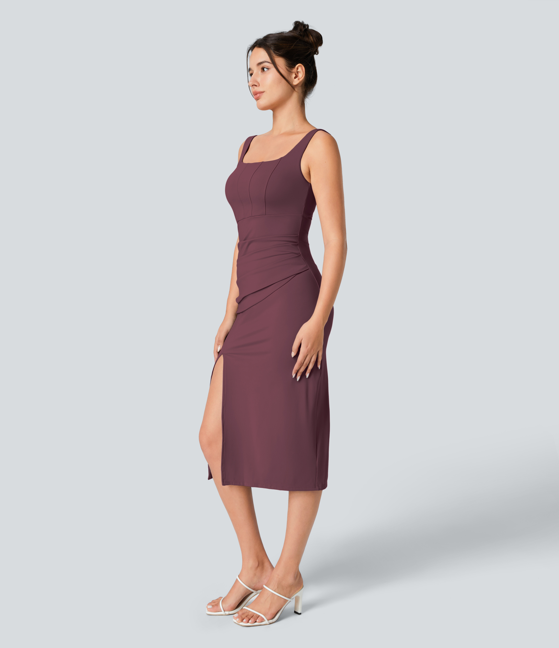 Airy Square Neck Backless Corset Ruched Split Bodycon Midi Cool Touch Bridesmaid and Wedding Guest Dress