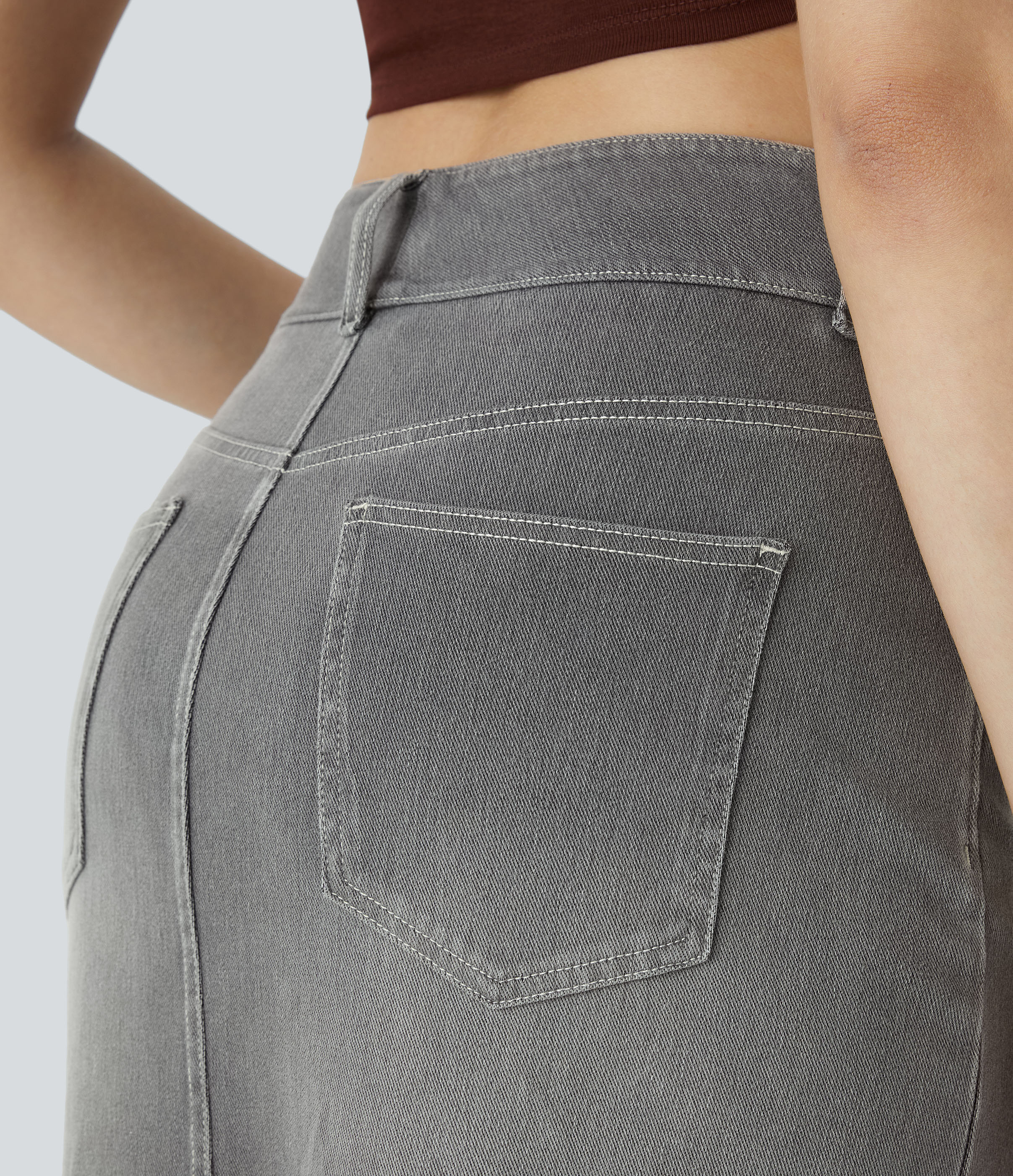 High Waisted Pockets Bodycon Washed Denim Casual Midi Skirt