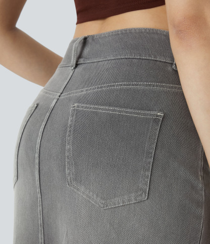 High Waisted Pockets Bodycon Washed Denim Casual Midi Skirt