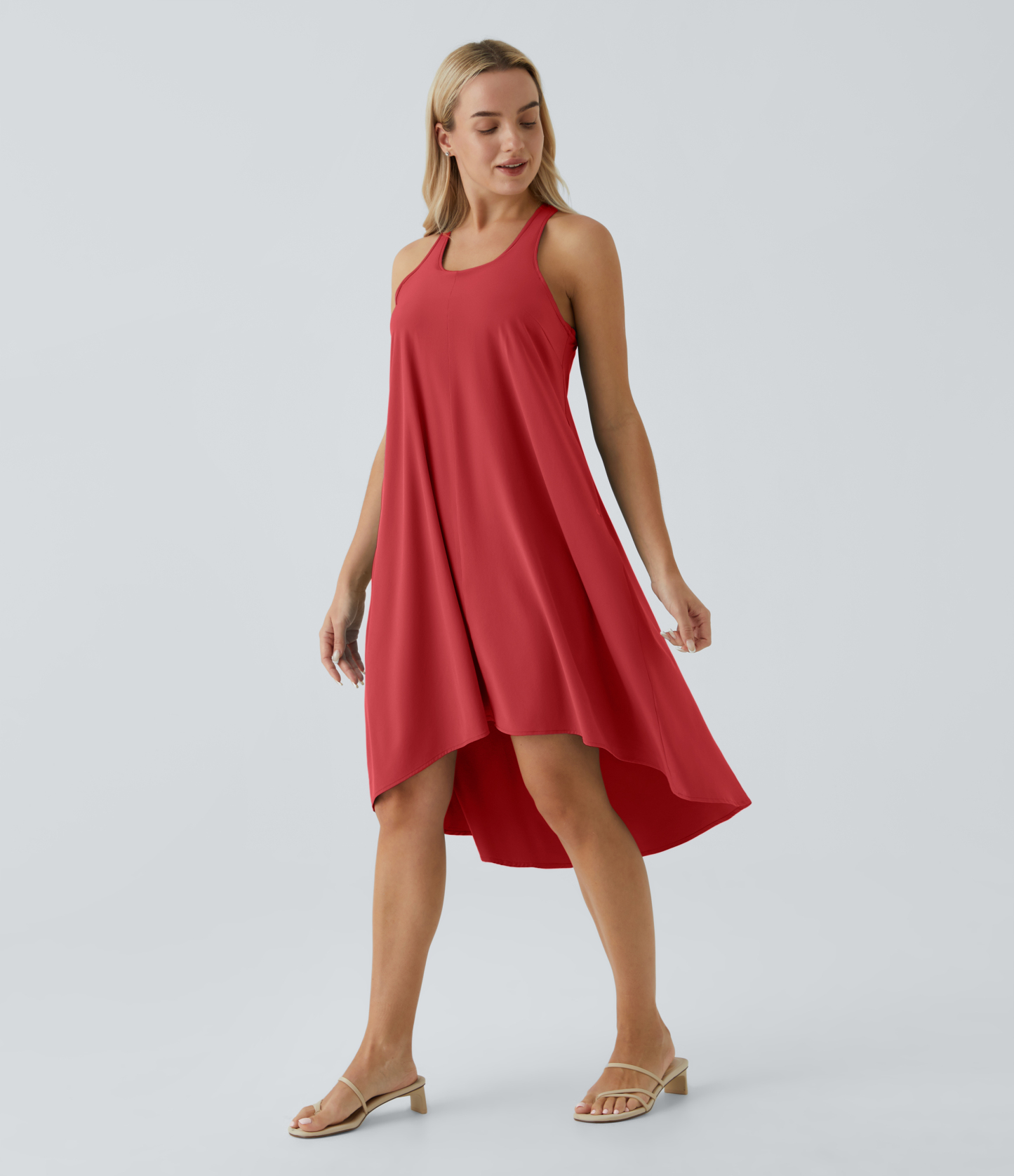 Backless Racerback Side Pocket High Low Flowy Midi Quick Dry Casual Dress