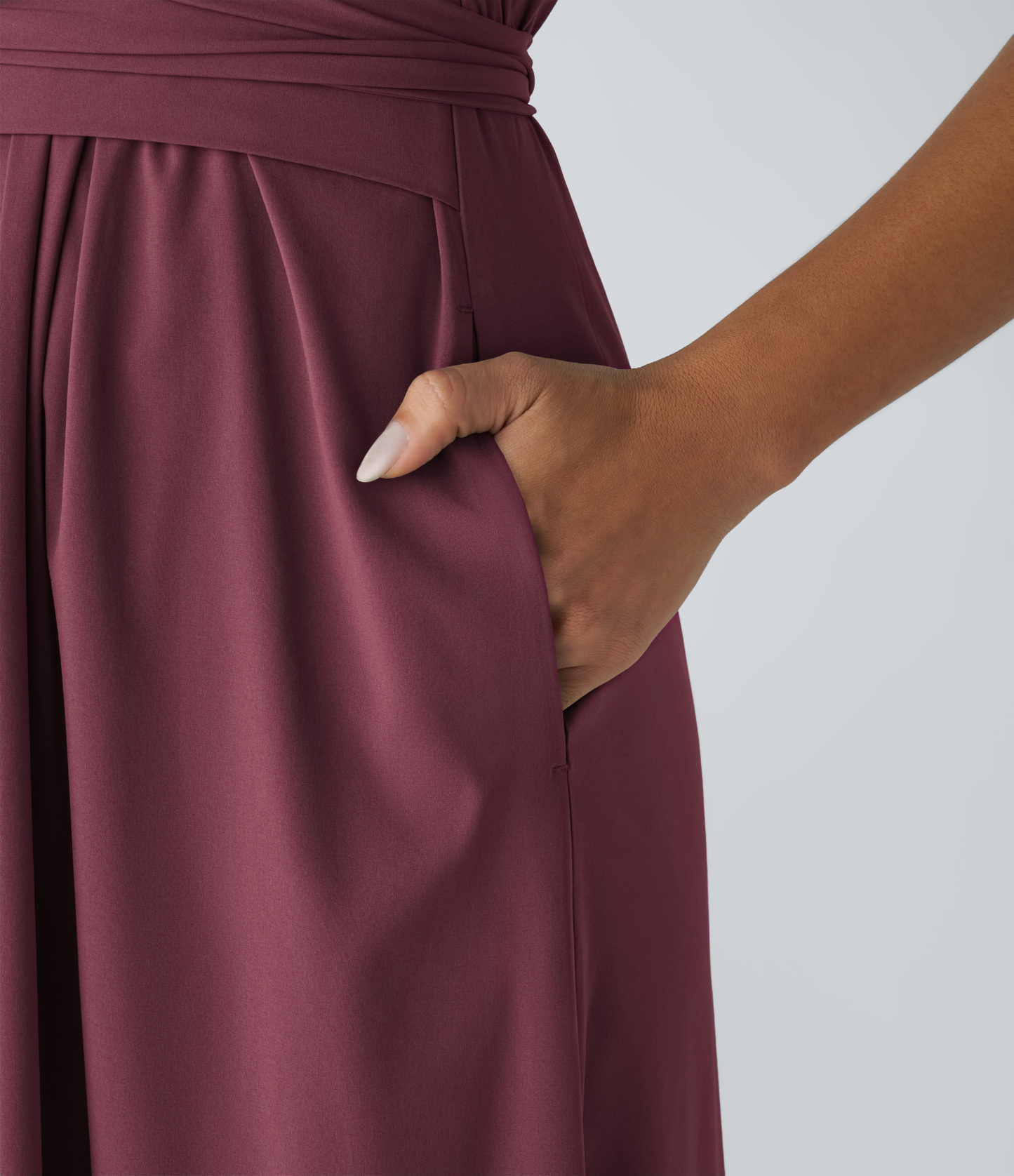 V Neck Short Sleeve Pocket Tie Back Quick Dry Midi Casual Dress-Longer Length