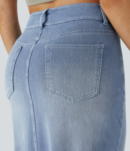 High Waisted Pockets Bodycon Washed Denim Casual Midi Skirt