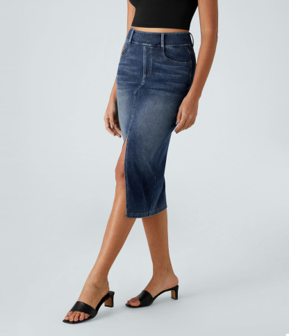 High Waisted Pockets Bodycon Washed Denim Casual Midi Skirt