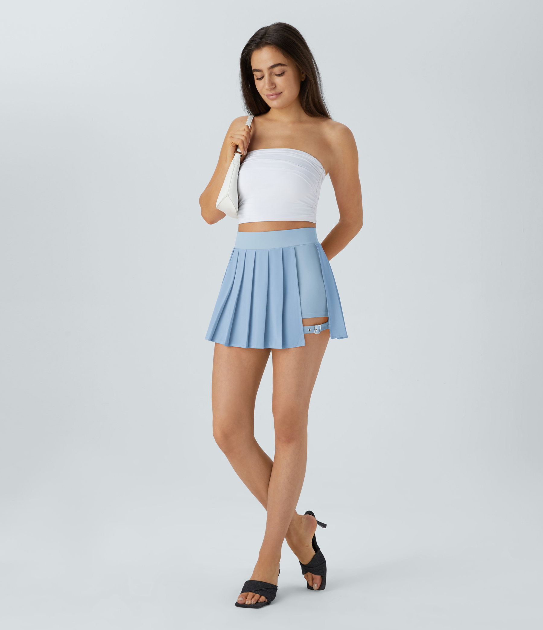 High Waisted Pleated 2-in-1 Pocket Adjustable Buckle Micro Mini Quick Dry Casual Skirt