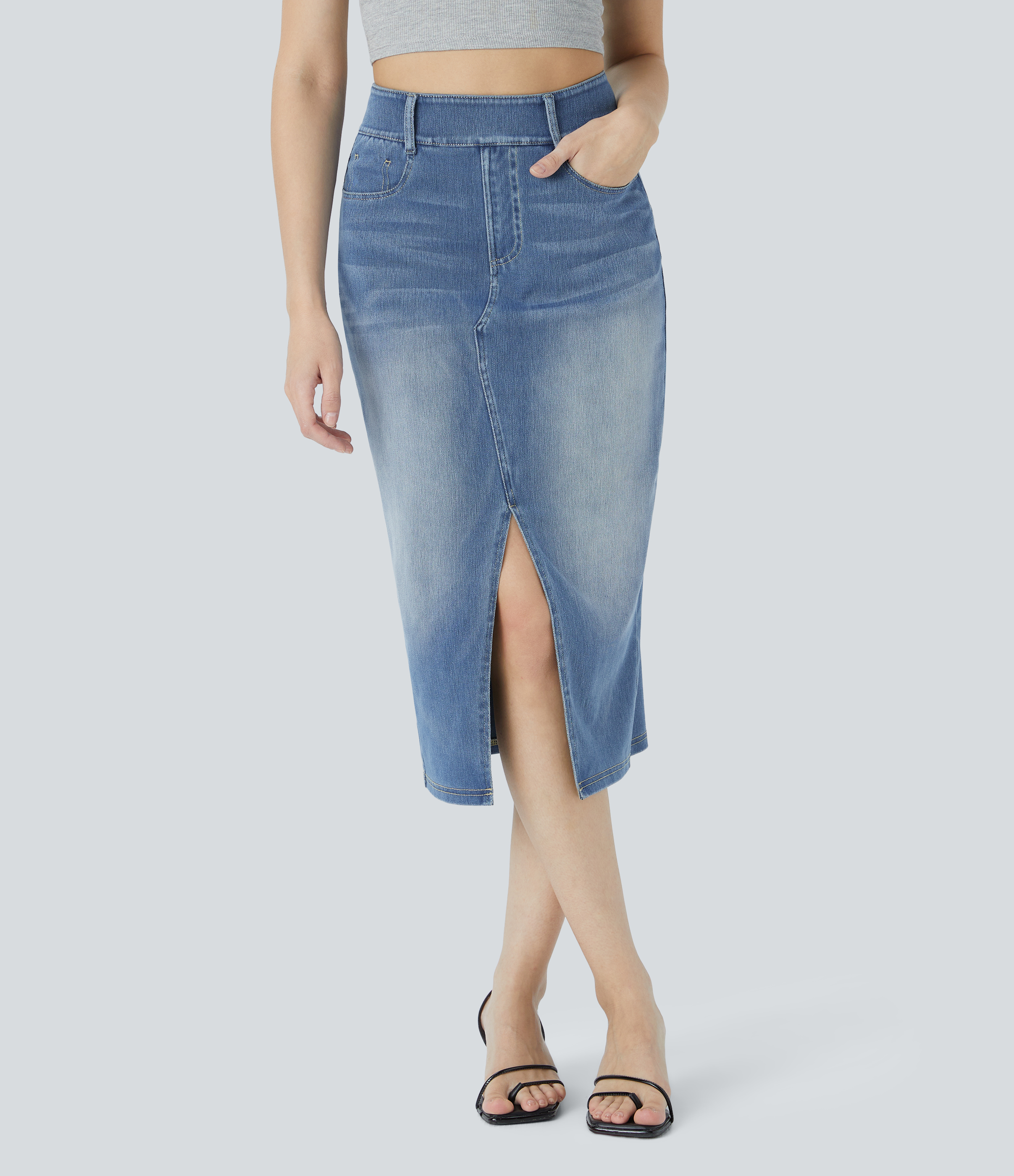 Halara Flex™ High Waisted Pockets Bodycon Washed Denim Casual Midi Ski