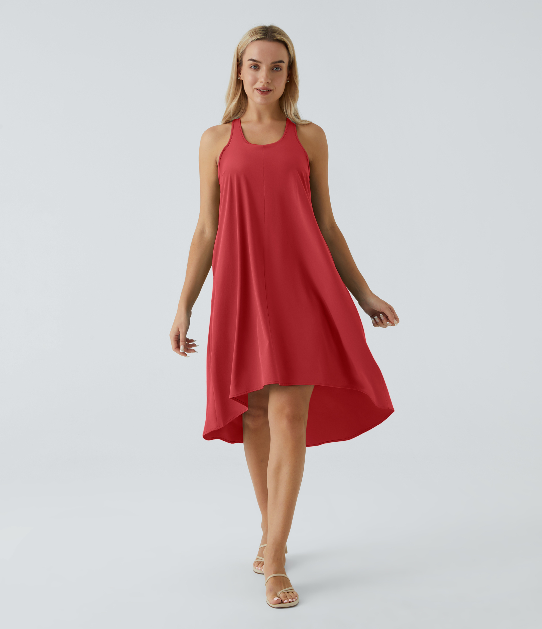 Backless Racerback Side Pocket High Low Flowy Midi Quick Dry Casual Dress