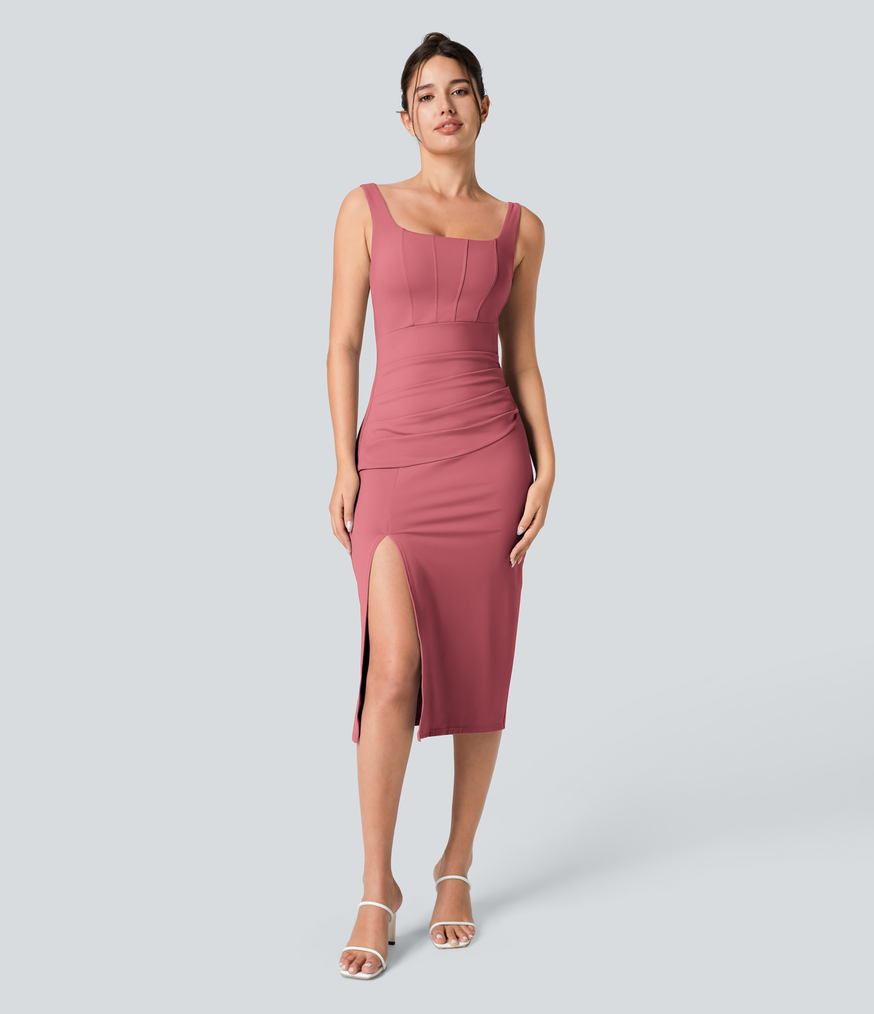Airy Square Neck Backless Corset Ruched Split Bodycon Midi Cool Touch Bridesmaid and Wedding Guest Dress