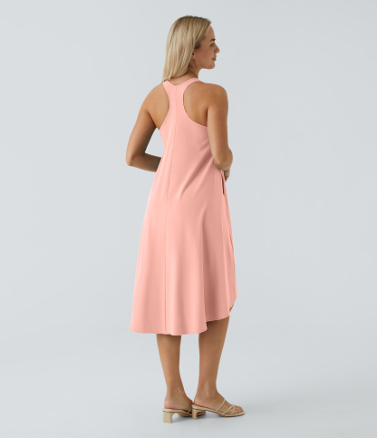 Backless Racerback Side Pocket High Low Flowy Midi Quick Dry Casual Dress