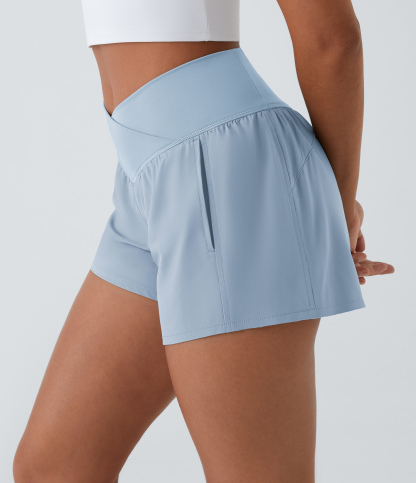 High Waisted Crossover Pocket 2-in-1 Quick Dry Yoga Shorts 4"