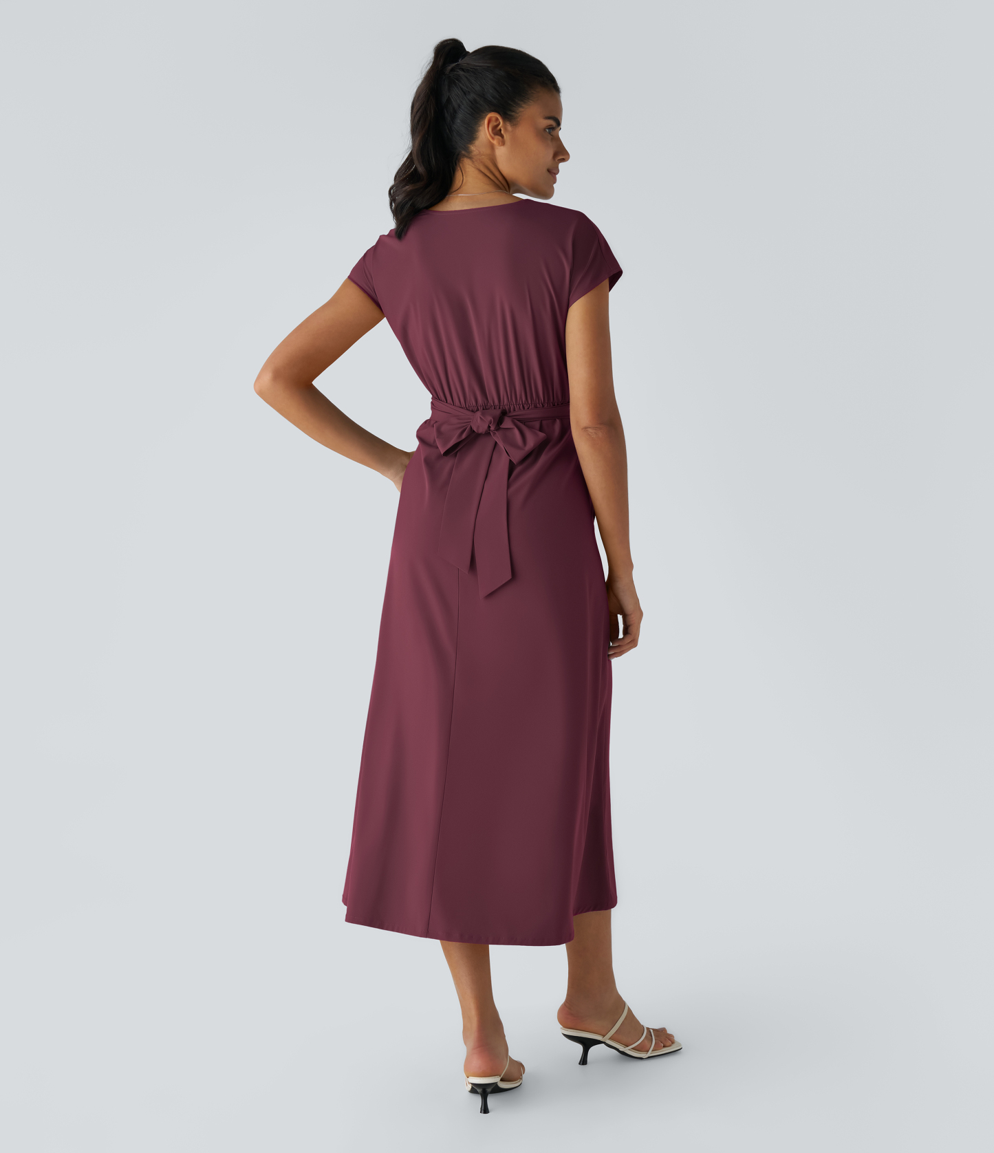 V Neck Short Sleeve Pocket Tie Back Quick Dry Midi Casual Dress-Longer Length