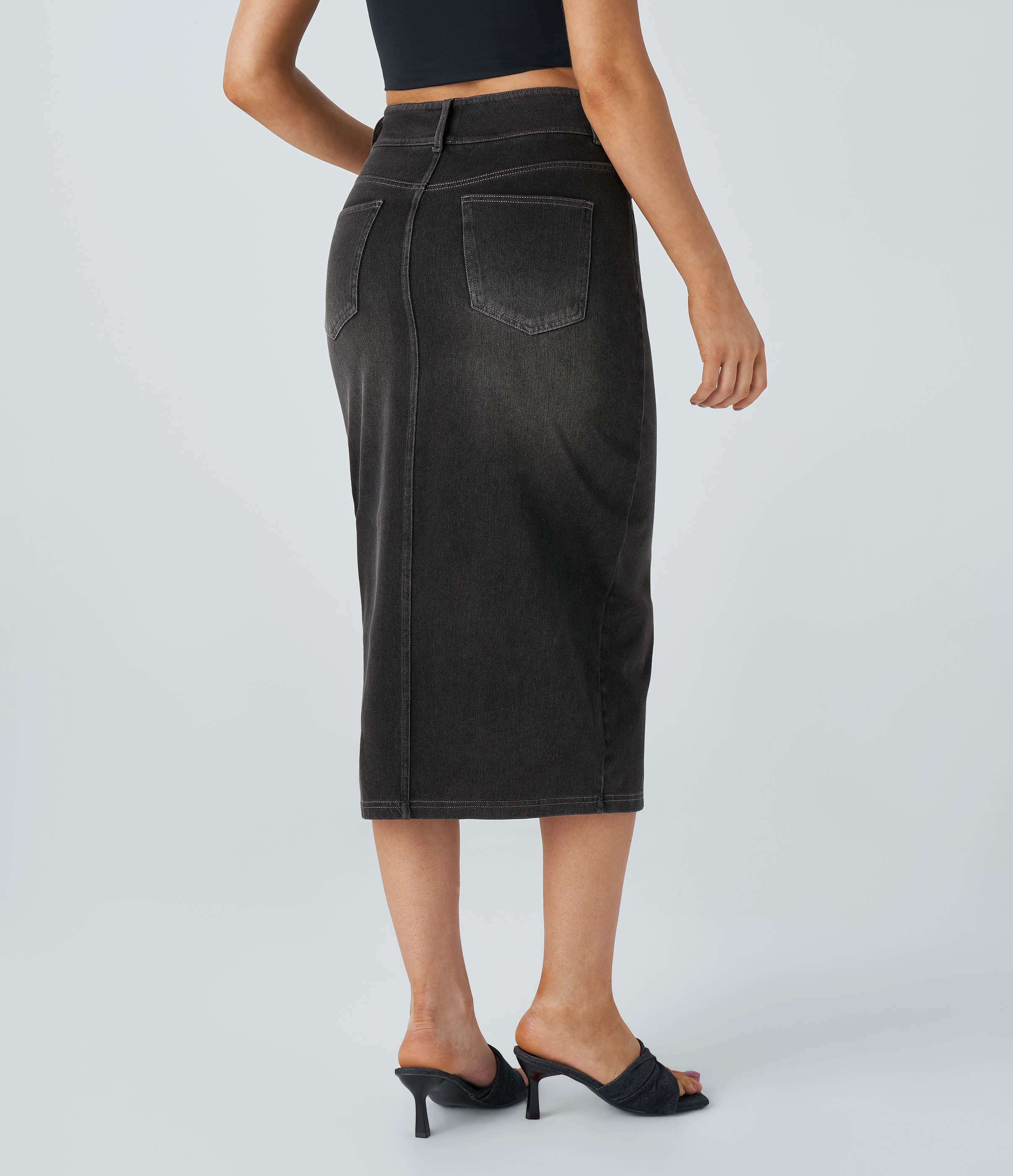 High Waisted Pockets Bodycon Washed Denim Casual Midi Skirt