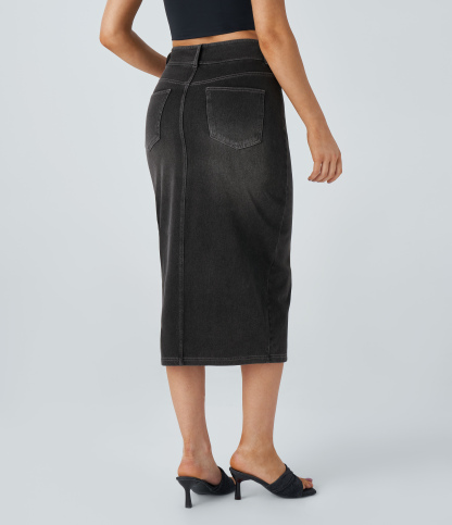 High Waisted Pockets Bodycon Washed Denim Casual Midi Skirt