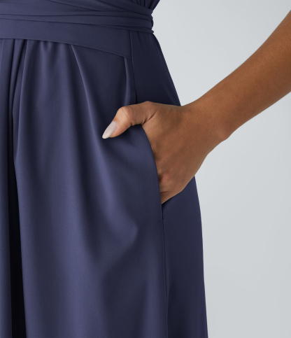 V Neck Short Sleeve Pocket Tie Back Quick Dry Midi Casual Dress-Longer Length