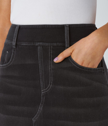 High Waisted Pockets Bodycon Washed Denim Casual Midi Skirt