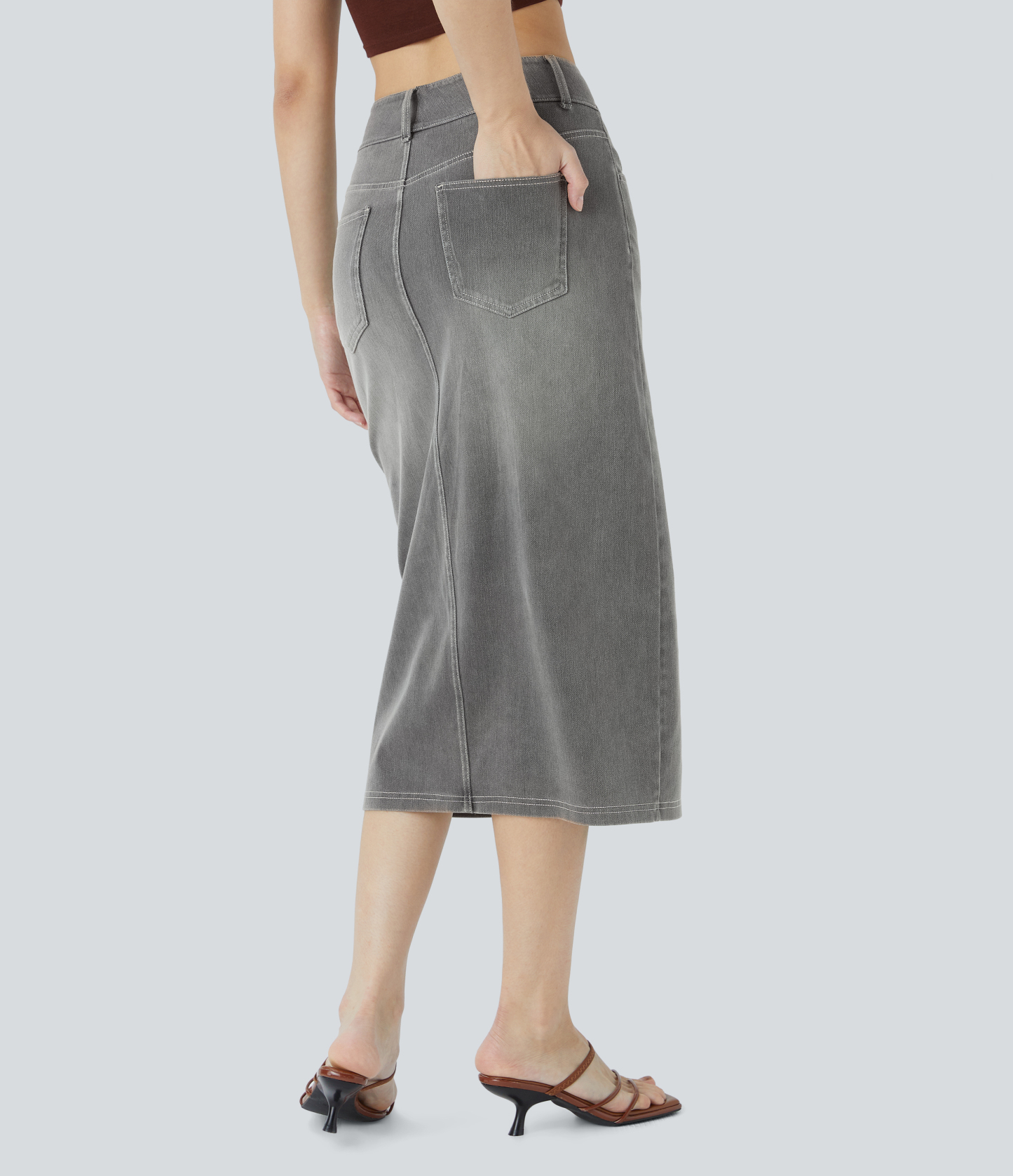 High Waisted Pockets Bodycon Washed Denim Casual Midi Skirt