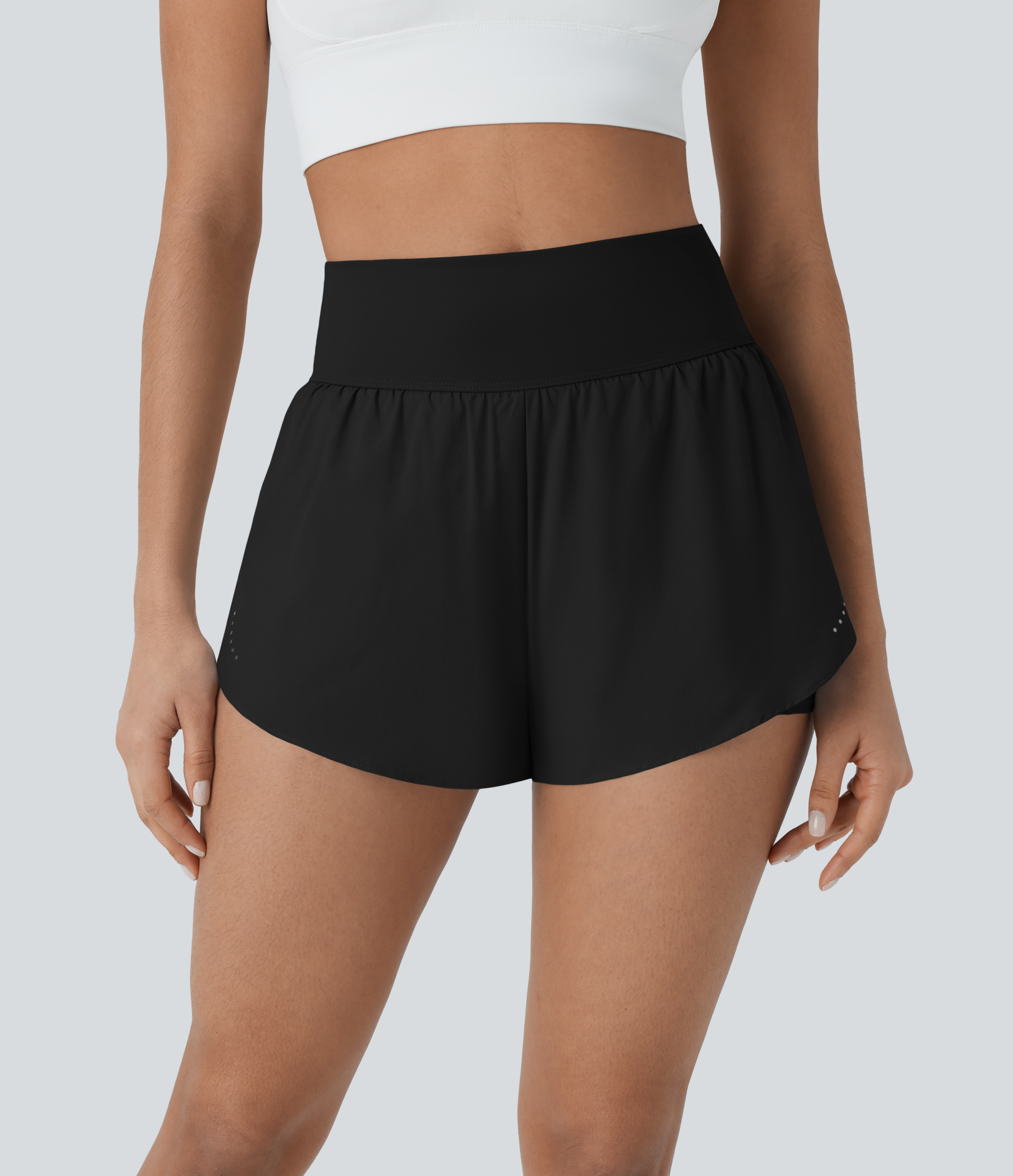 QuickDry High Waisted Reflective Dots Crossover Hem 2-in-1 Pockets Running Shorts