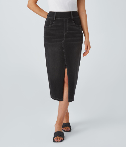 High Waisted Pockets Bodycon Washed Denim Casual Midi Skirt